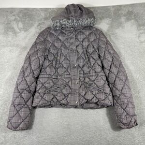 Vintage Y2K Guess Down Puffer Jacket Womens Large Gray Plaid Fur Hood Babydoll
